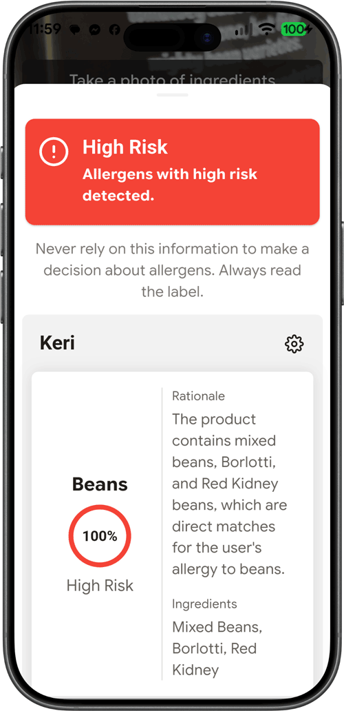 AllergIQ App showing food label scan results with detected allergies